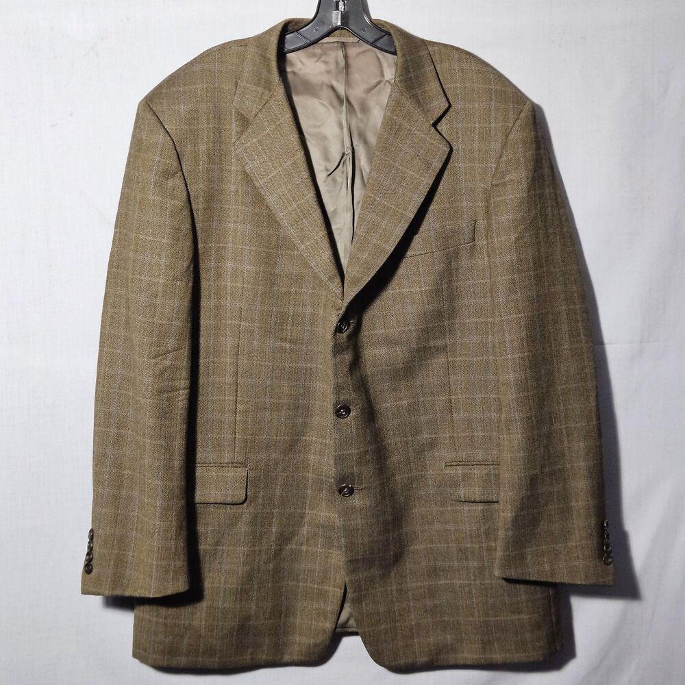 Hickey Freeman Blazer Suit Jacket Mens 46R USA Herringbone Tweed Windowpane Wool